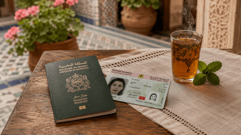 جواز سفر مغربي وبطاقة تعريف وطنية وكأس شاي بالنعناع